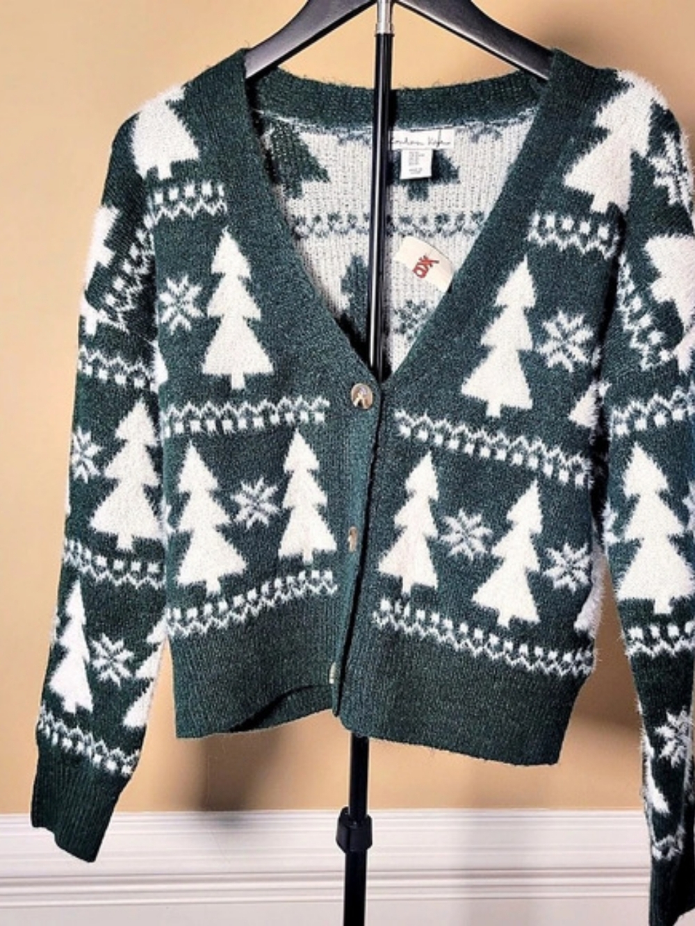 London Kaye Fuzzy Knit Cropped Green & White Tree Cardigan Size XS NWT